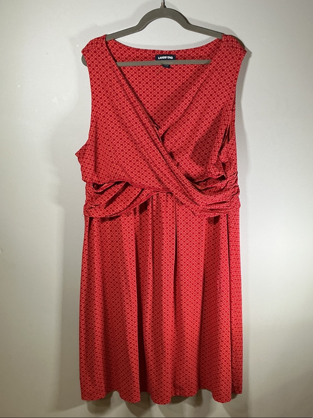 Lands’ End Plus Size Wrap Style Midi Dress Pink Coral Print 2X 20W-22W